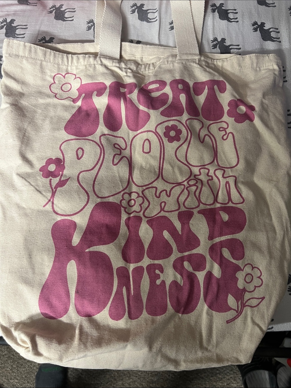 Canvas Tote Bag with Pink Retro 'Treat Peace With Kindness' Print